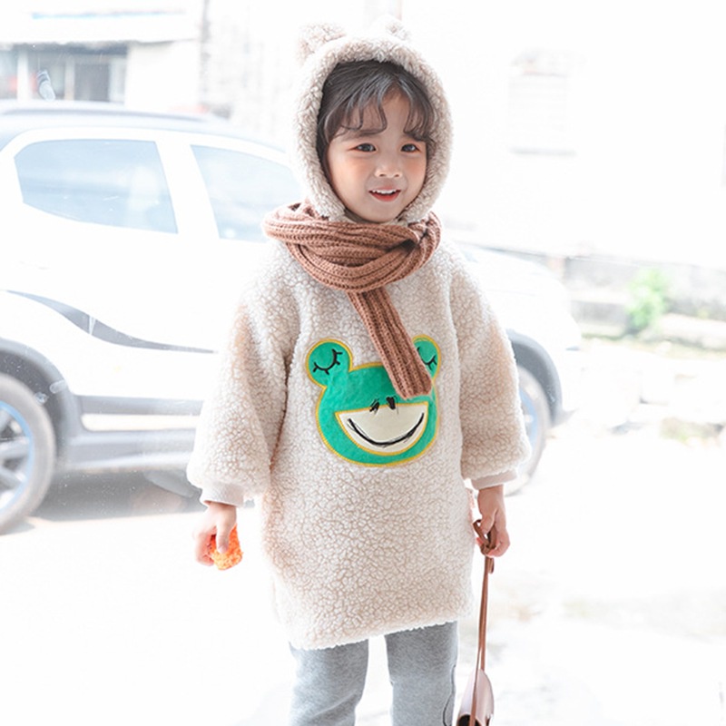 Áo khoác len lông cừu ấm áp phối hoạt hình xinh xắn cho bé gái