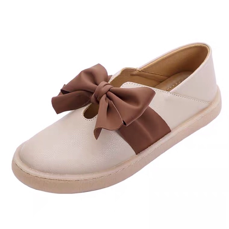 Giày Lười Nữ Búp Bê Nơ Vintage, Giày Da Đế Bằng Mũi Tròn Đẹp Thời Trang