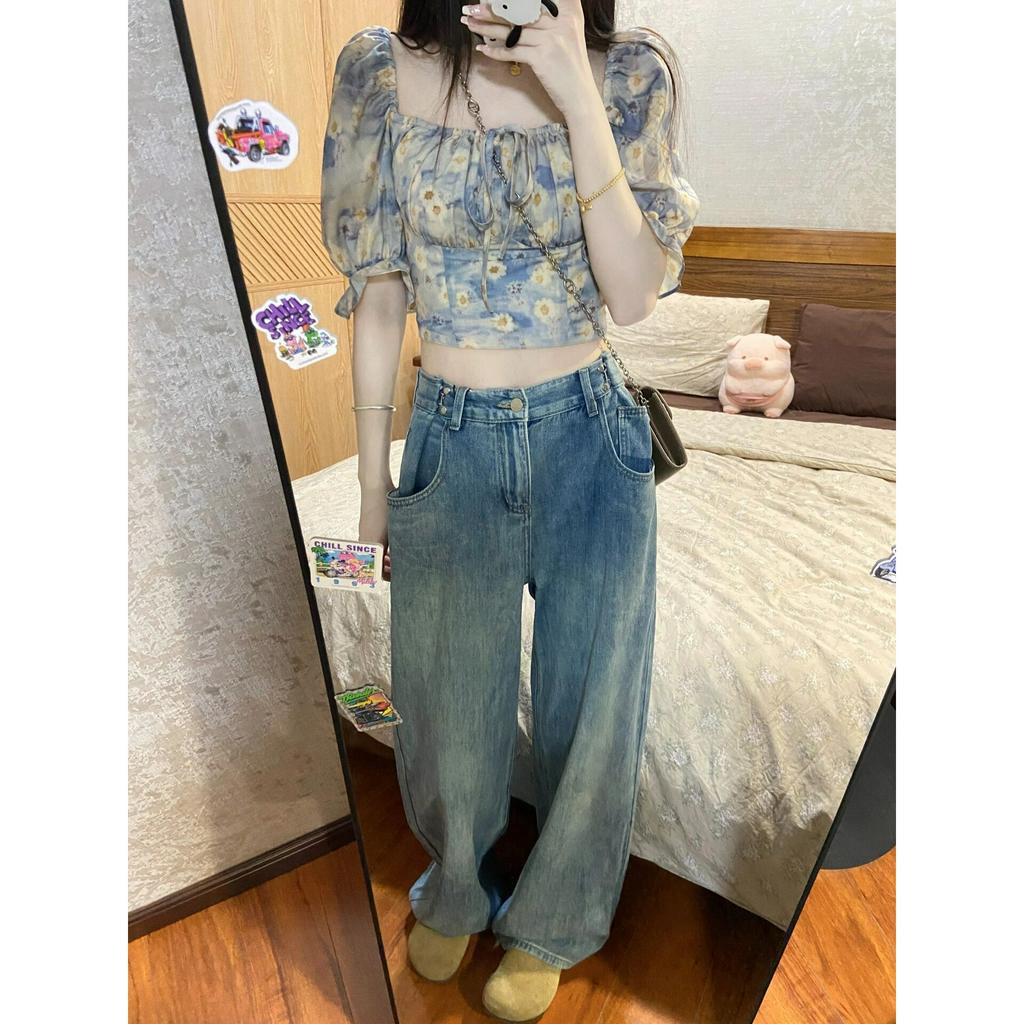 Cocory vn Áo Kiểu Ngắn Cổ Vuông Tay Phồng In Họa Tiết Hoa Thời Trang Mùa Hè Dành Cho Nữ