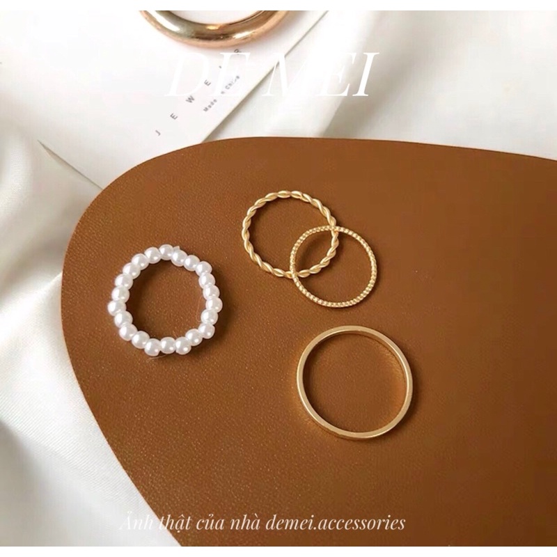 Set 4 nhẫn mạ vàng nhiều kiểu đa dạng kích cỡ, dạng xoắn,xỏ hạt,phong cách hiện đại Hàn quốc