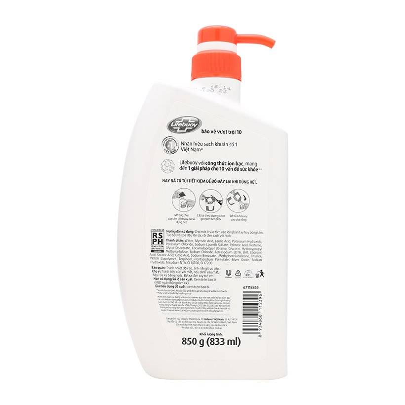 Sữa tắm Lifebuoy bảo vệ vượt trội 10 chai 850g (833ml)