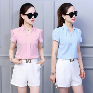 Áo kiểu cổ V tay ngắn lá sen phong cách Hàn Quốc cho nữ