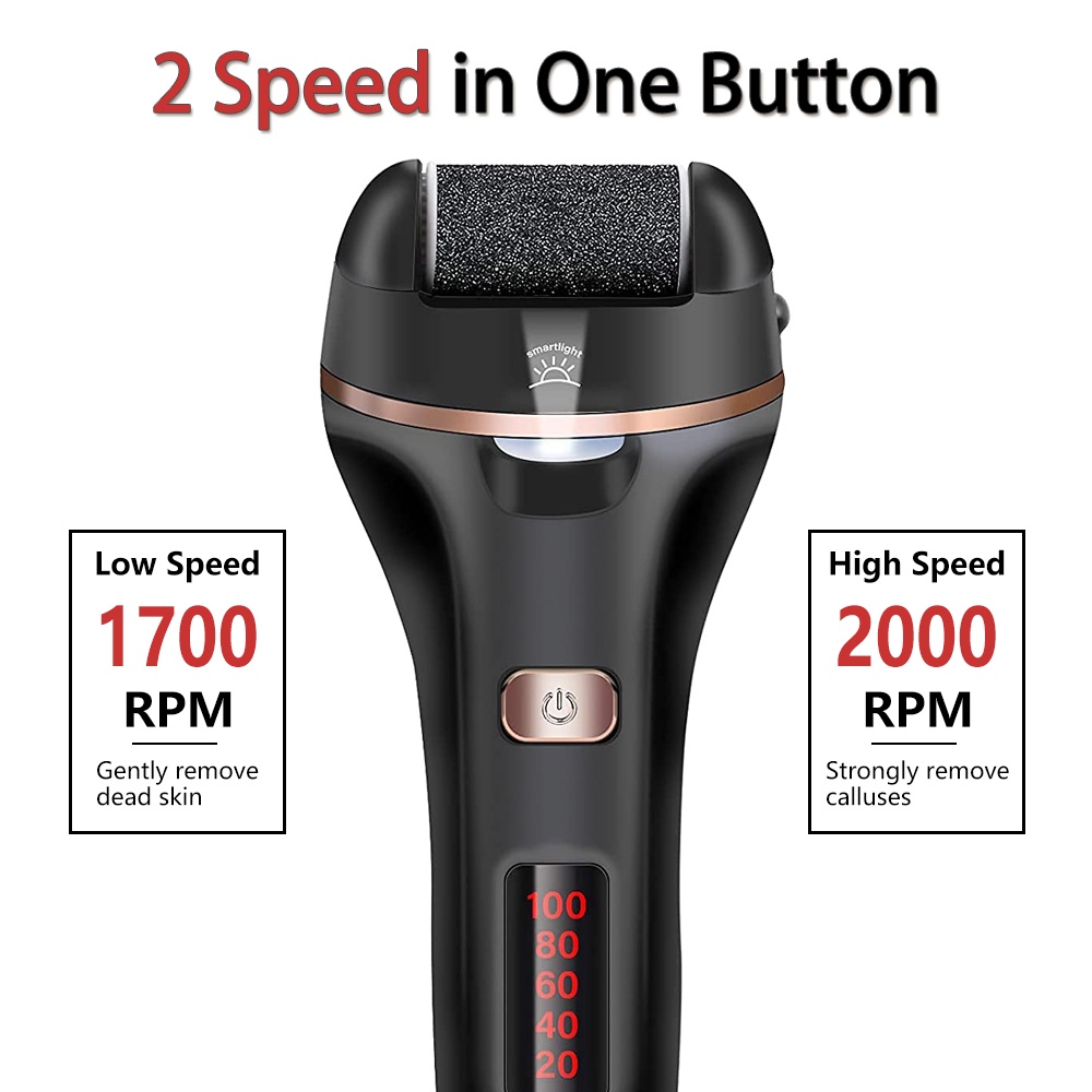 Máy mài gót chân TOGEWITHU tẩy tế bào chết da cứng có thể sạc lại với đèn LED và 2 đầu lăn
