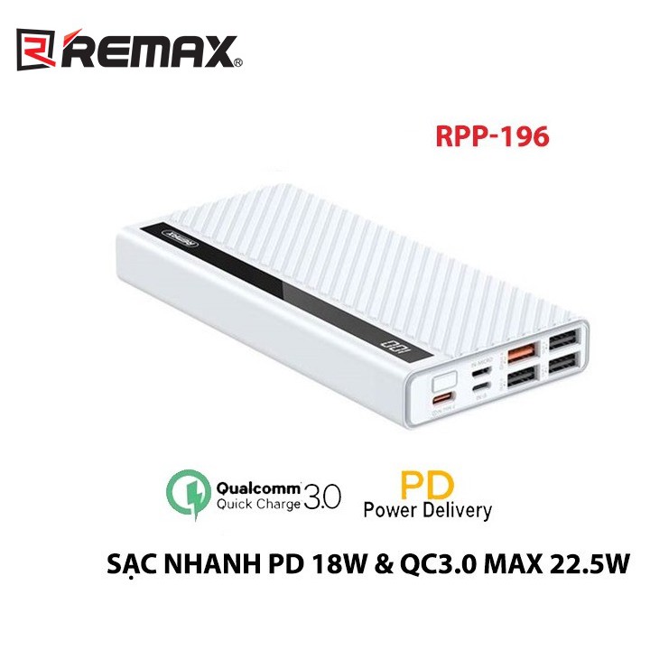 Pin sạc dự phòng REMAX RPP-196 20000mAh QC22.5W PD18W, 3 Inputs 5 Outputs, lõi Li-Polymer