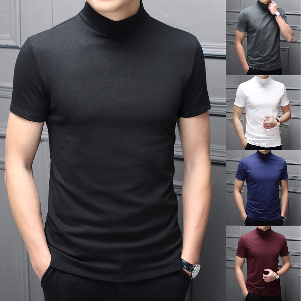 GORGEOUS~Men Mock Neck Basic Plain Blouse T-shirt Pullover Short Sleeve Top Bottoming Top