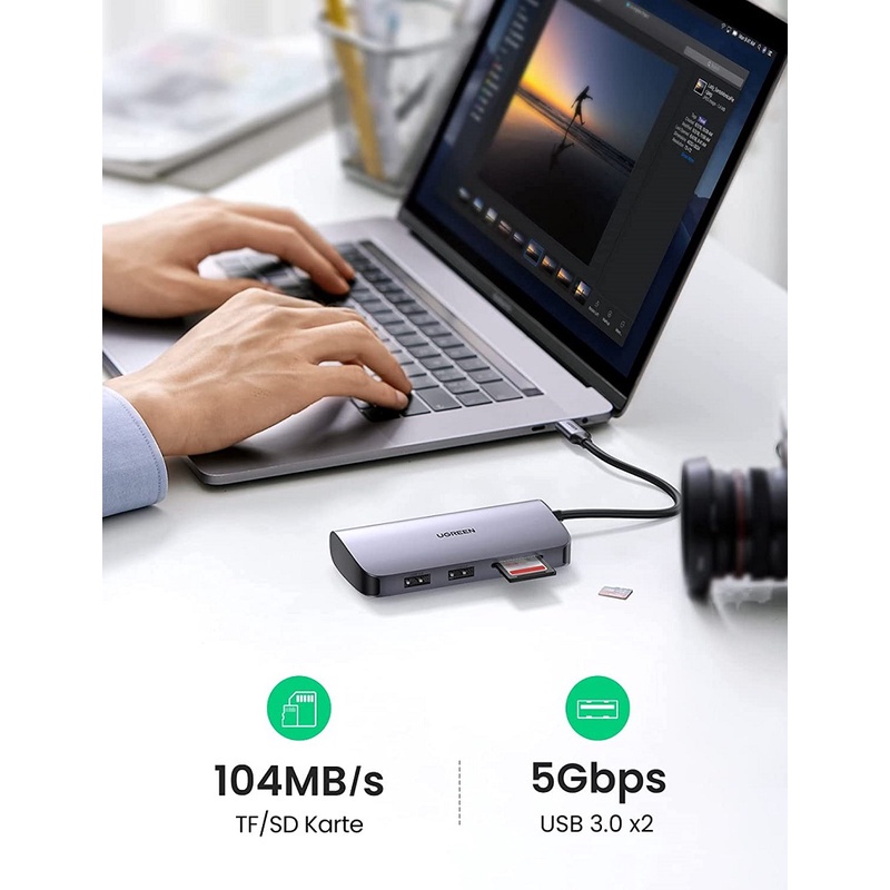 Bộ chuyển đổi Ugreen 50852 USB Type-C sang HDMI, Lan, USB 3.0, SD/TF - Hàng phân phối chính hãng