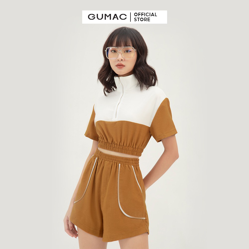 [Mã WABRGUM giảm 10% tối đa 30K đơn 99K] Áo thun croptop nữ tay ngắn phối dây kéo GUMAC màu nâu, đủ size AB319