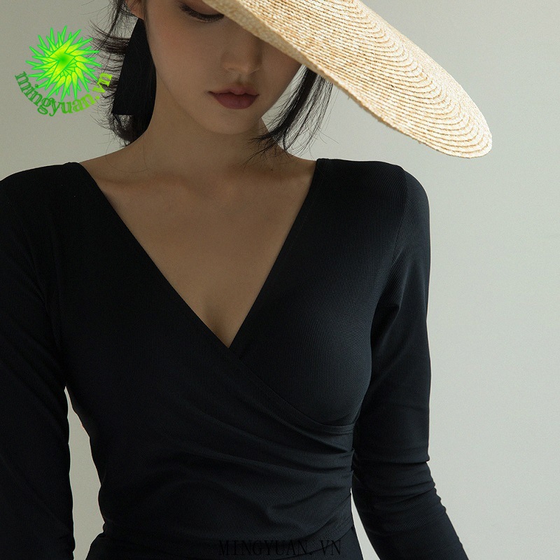 Bộ Đồ Bơi Một Mảnh Tay Dài Cổ Chữ v Màu Đen Trơn Thời Trang