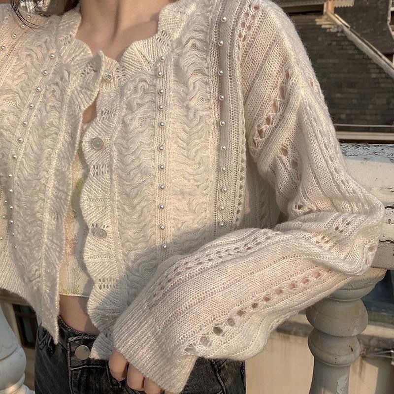 Áo Khoác Cardigan Dệt Kim Đính Hạt Ngọc Trai Màu Sắc Đơn Giản Phong Cách Hàn Quốc
