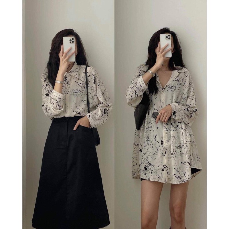 Áo Sơ Mi Vân Đá &lt;Freeship&gt; Áo Sơ Mi Hoạ Tiết Loang Màu Be/ Trắng/Đen Freesize Form Rộng Kate