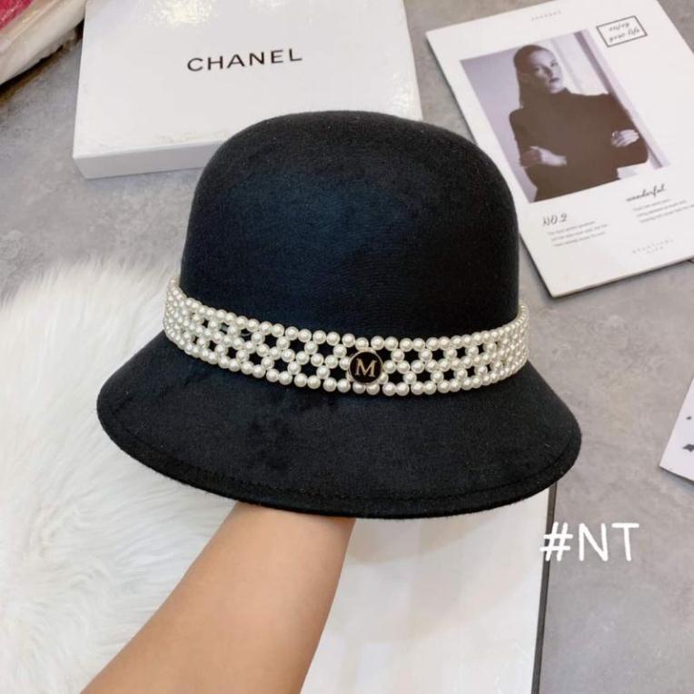 Mũ dạ vành cụp đai ngọc gắn hoa cao cấp siêu hot