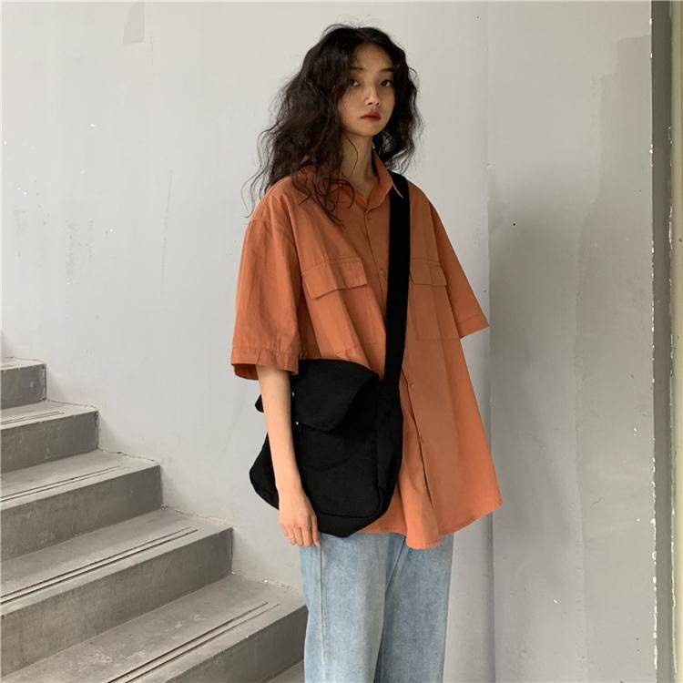 Áo sơ mi IELGY tay ngắn dáng rộng phong cách cổ điển thời trang cho nữ