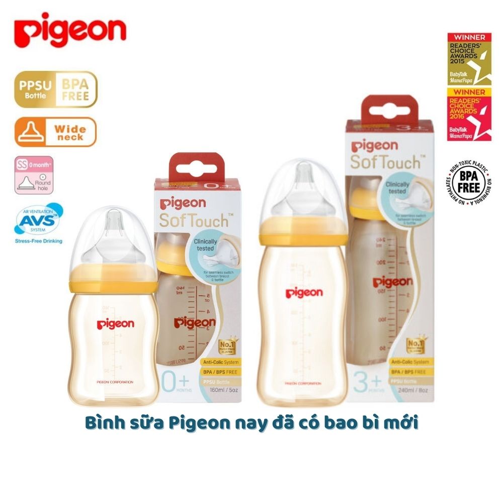 Bình sữa Pigeon Softouch 160ml / 240ml cổ rộng PPSU núm silicone siêu mềm ( PHIÊN BẢN MỚI )