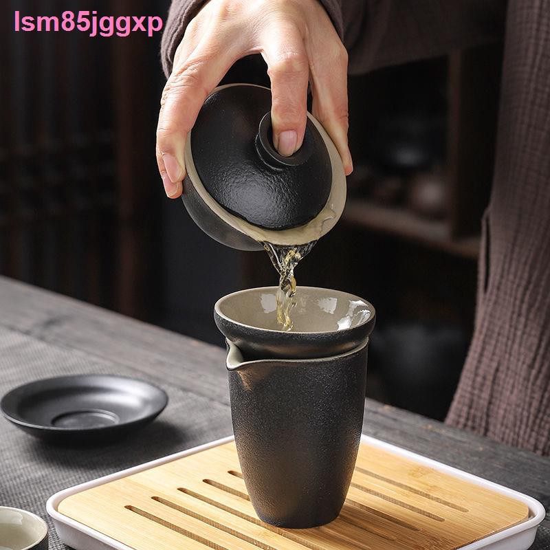 Bộ tràbộ ấm trà gốm sứ cổ điển đen di động nhỏ có khay phong cách Trung Quốc đơn giản kung fu