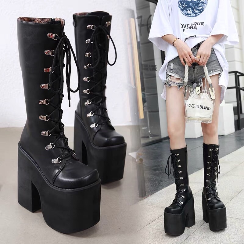 Boot chiến binh cosplay, giày da gothic đế dày, đế bánh mì khủng lolita platform
