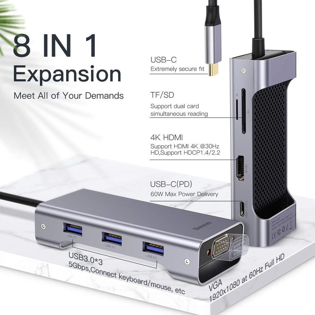 HUB chuyển đổi Baseus 8in1 USBC To 4K HDMI,VGA,PD Charging Port,3 USB 3.0 , SD /TF Card