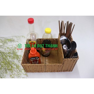Khay đưng đũa chữ nhật nhựa giả mây đa năng, tiện dụng