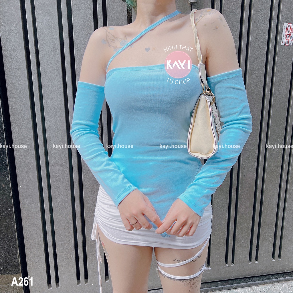 Áo Croptop Vạt Tam Giác Lệch Trễ Vai Tay Dài Dây Chéo Cổ 261