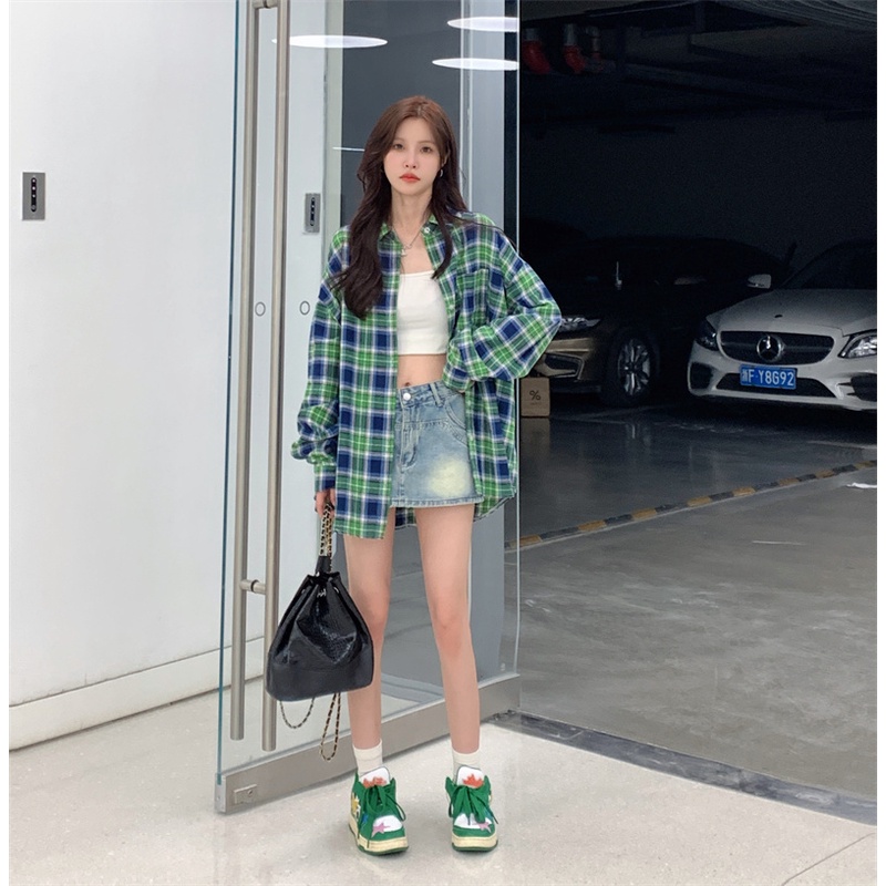 ZHELIHANGFEI Áo Sơ Mi Caro Tay Dài Dáng Rộng Trẻ Trung Hợp Thời Trang Cho Bạn Gái