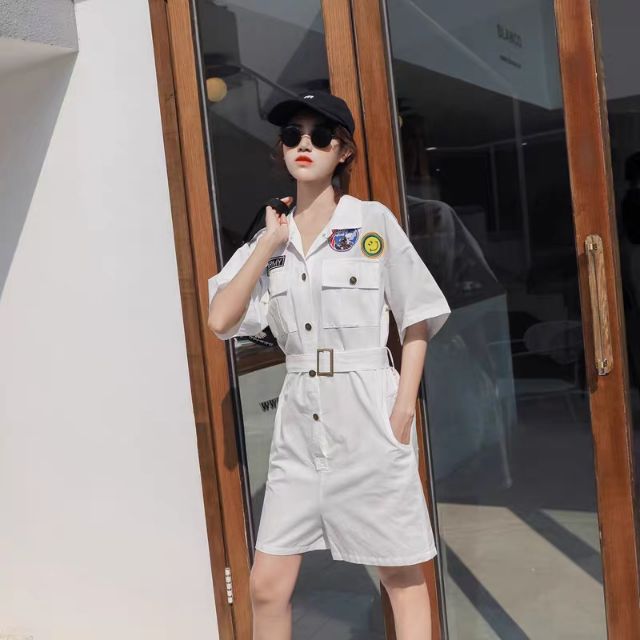 Set quần liền áo kaki đính cúc