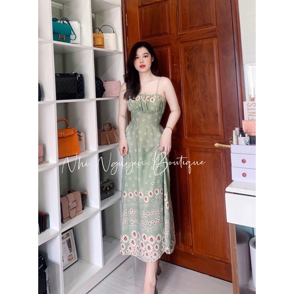 Đầm maxi hai dây đính cườm hoạ tiết, chữ, hoa nhiều màu có túi hai bên cao cấp