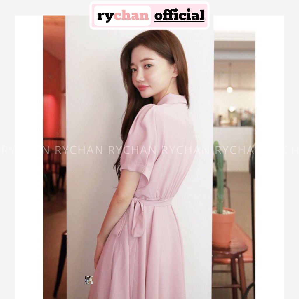 DX032 - Đầm Xòe Hồng Cổ Vest Đắp Tà Đầm Công Sở Đi Làm