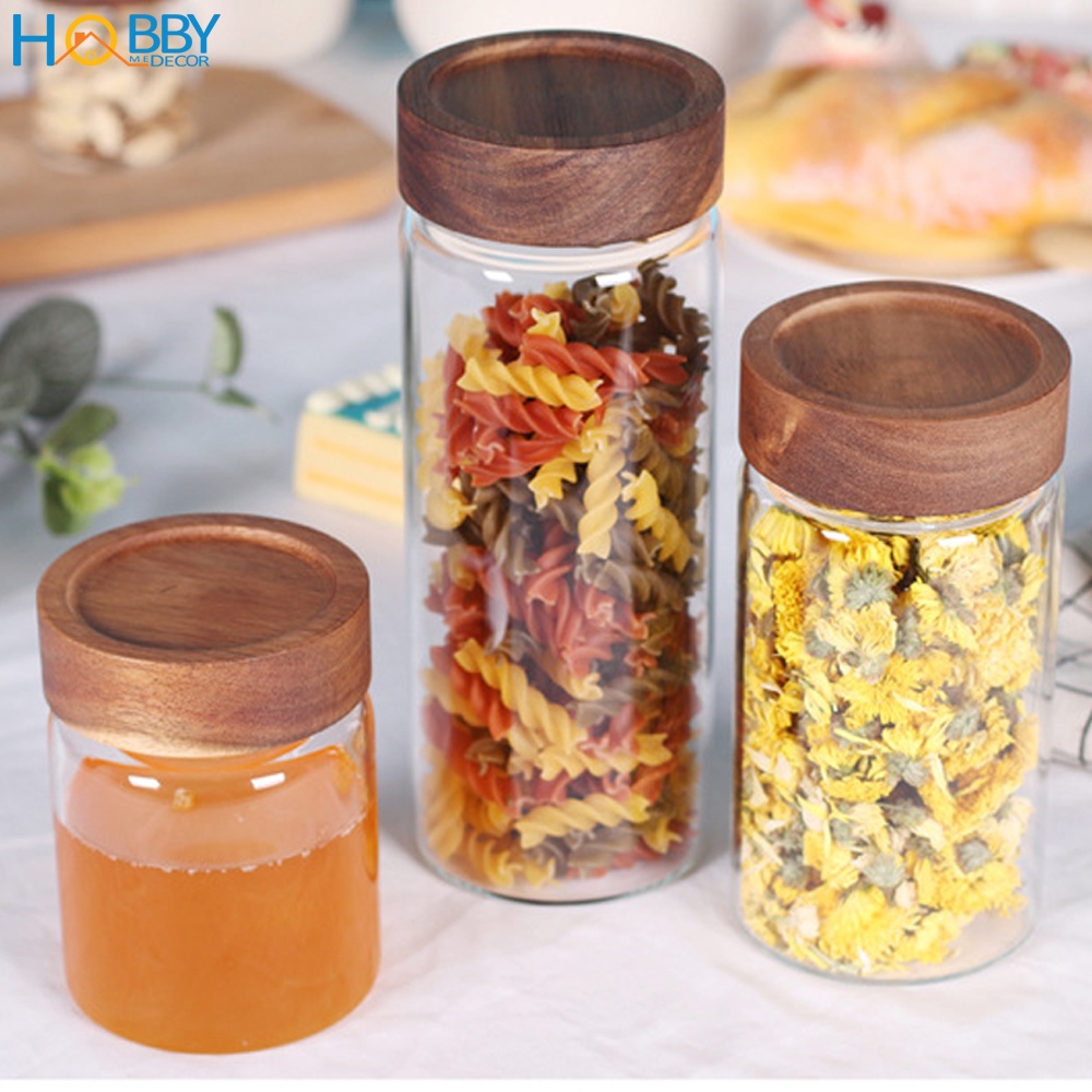 Lọ hũ thủy tinh đựng gia vị nắp gỗ vặn kín HOBBY Home Decor HUNG2 - 3 size tùy chọn