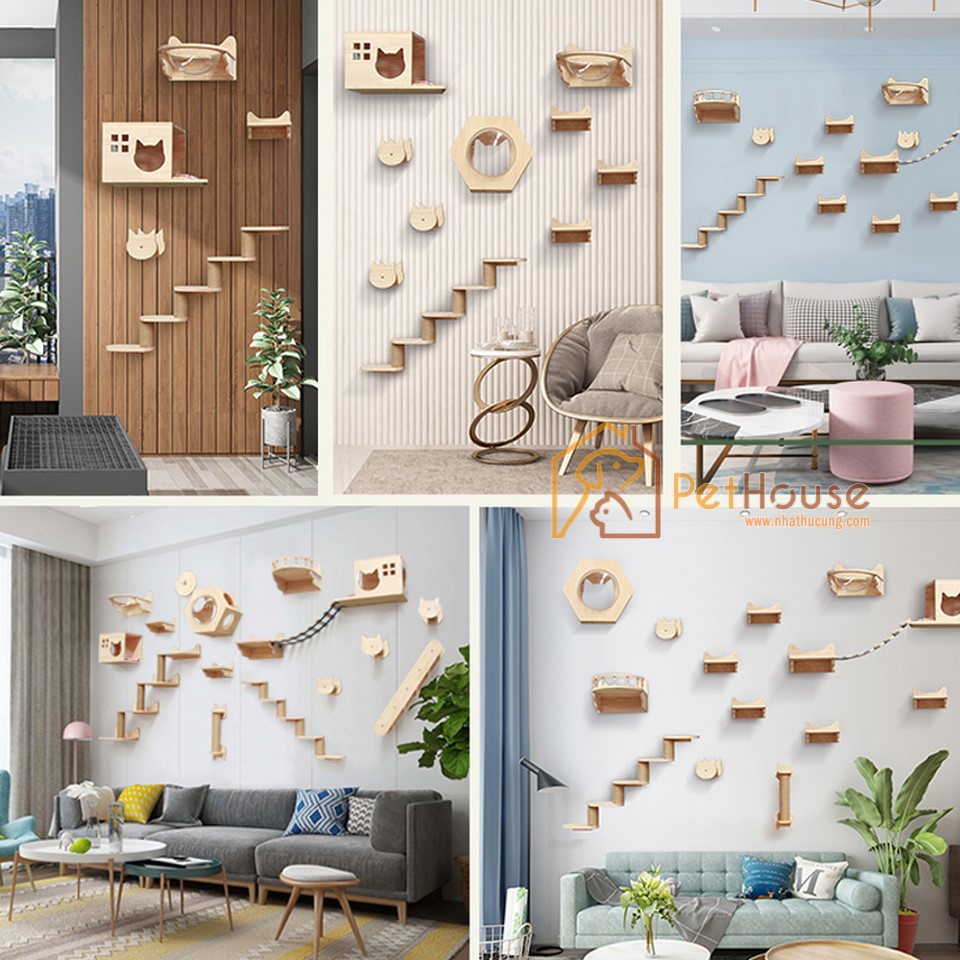 Khu vui chơi liên hoàn cho mèo 6 chi tiết chất liệu gỗ thông tự nhiên pethouse