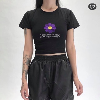 Áo thun Croptop Hoa cúc Tím (hình thêu)