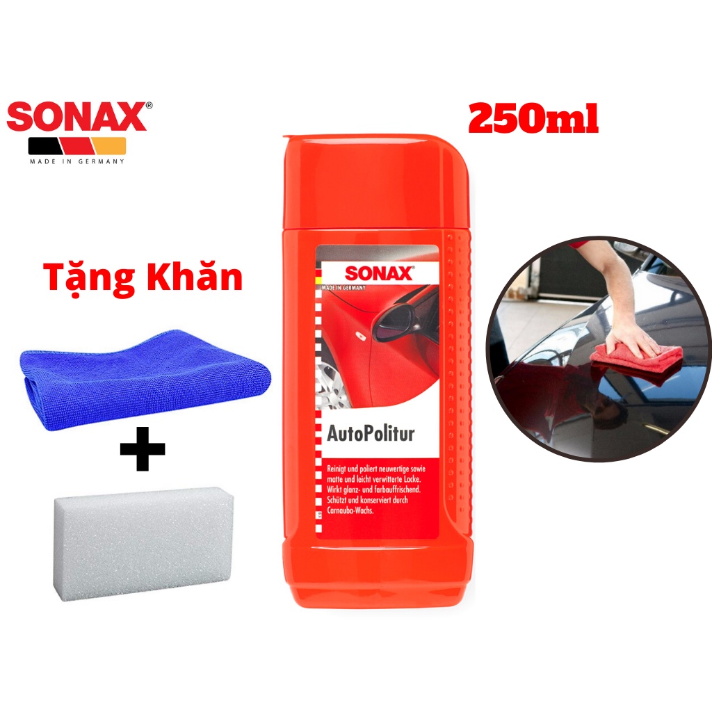 Kem Đánh Bóng Xe Cho Sơn Màu Và Kim Loại Sonax 300100 Car Polish 250ml Tặng Khăn và Mút