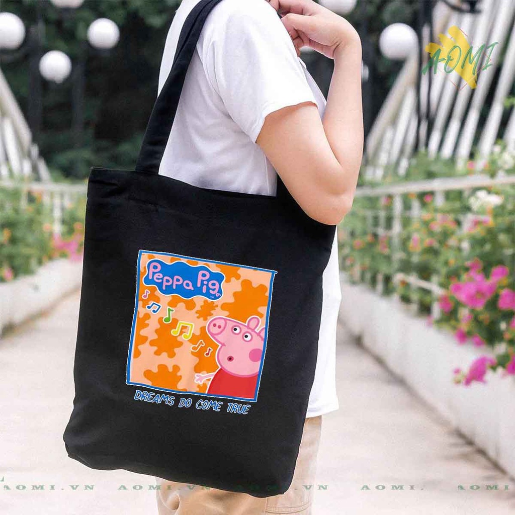 TOTE CANVAS heo peppa TÚI VẢI ĐEO VAI BAG CÓ KHÓA KÉO SIZE LỚN 33x38cm AOMIVN DU LỊCH DẠO PHỐ