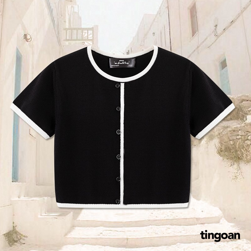Áo croptop len ngắn tay đen viền trắng tingoan TRACY TOP/BL