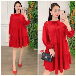 Đầm bầu suông tầng nhúng đỏ xinh đón tết