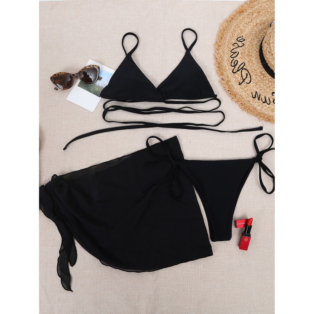 Bộ Đồ Bơi Bikini 3 Món Màu Đen Có Đệm Ngực Gợi Cảm Cho Nữ H338