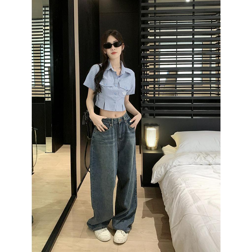 Áo Sơ Mi Kẻ Sọc Ngắn Tay Dáng Ôm Phong Cách Preppy 63497