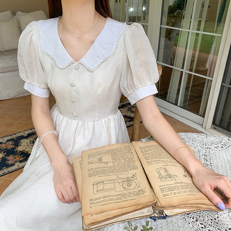 [SẴN] Đầm xòe công chúa đính nút ngọc dáng tiểu thư màu trắng kem