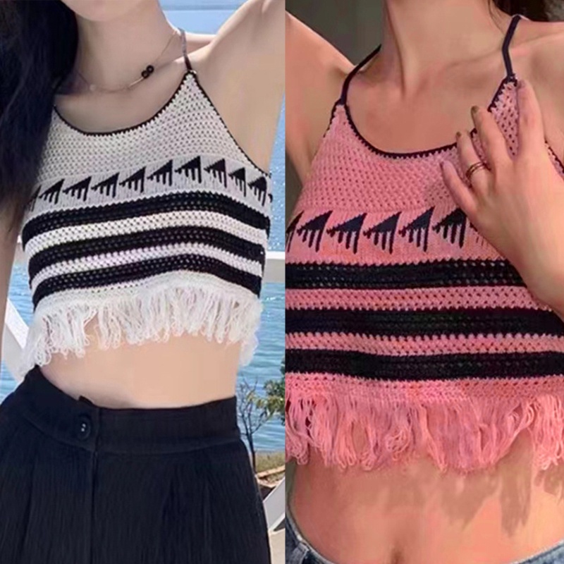 Áo Croptop Dệt Kim Không Tay Phối Dây Cột Phong Cách Boho Vintage Gợi Cảm Cho Nữ Y2K
