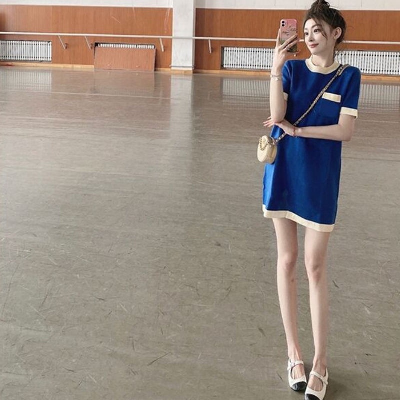 Dress women 2022 new French retro loose slim straight tube small fragrant wind ice silk knit skirt children summer