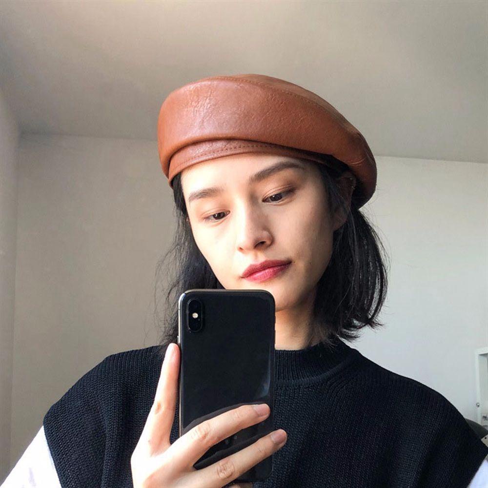 USNOW Mũ Beret Da PU Thiết Kế Ngọt Ngào Dễ Phối Đồ Thời Trang Mùa Thu Cho Nữ