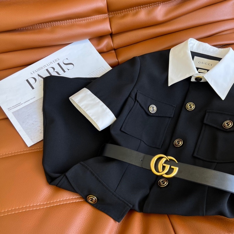 Đầm công sở dáng chữ A tay ngắn có đai thắt eo tôn dáng thương hiệu Gucci GC cao cấp