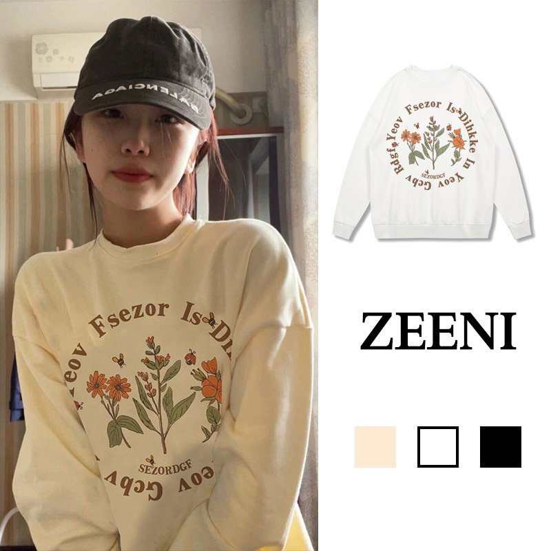 Áo sweater SELVZE cổ tròn dáng rộng in họa tiết kiểu đường phố mỹ cá tính dành cho nữ