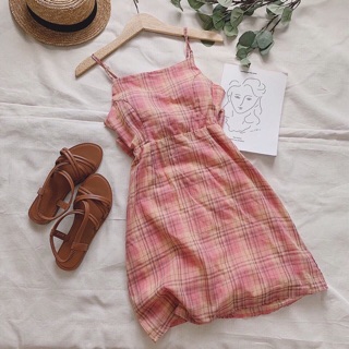 Đầm caro hồng nơ lưng