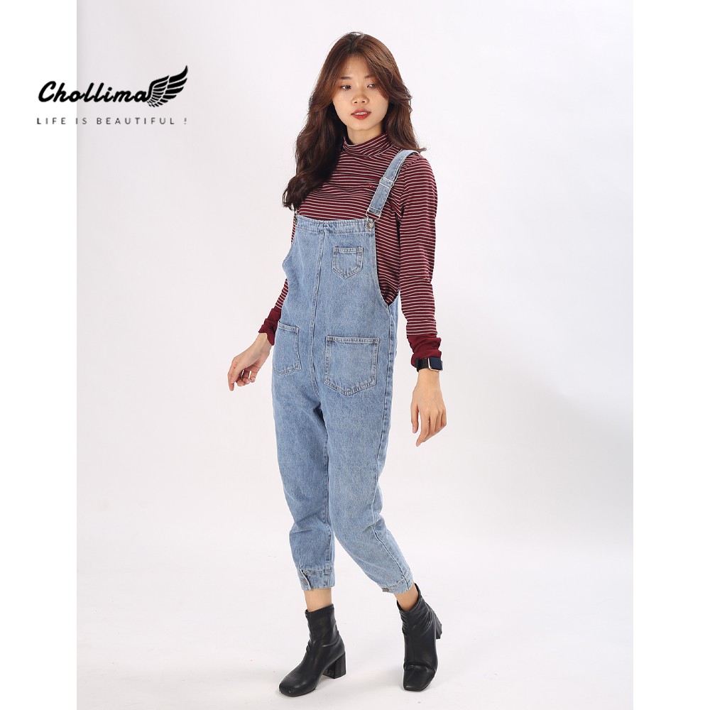 Quần yếm jeans dài Chollima gài cúc ống YJ003 phong cách hàn quốc