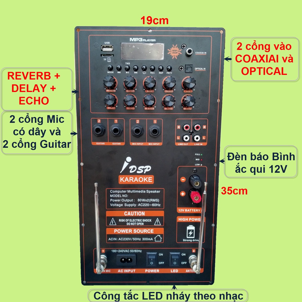 Mạch loa kéo 2 kênh riêng biệt Reverb Echo chống hú 2 IC TPA3116D2 150W + 150W cho loa kéo 4 tấc đôi - mạch đứng