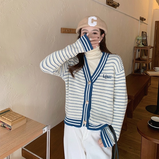 Áo cardigan ZHELIHANGFEI dệt kim tay dài dáng rộng hoạ tiết kẻ sọc cho nữ