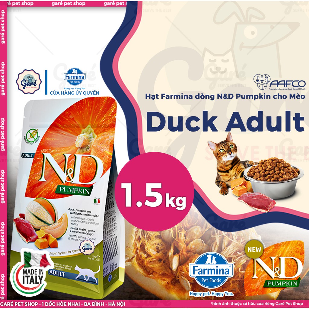 1.5kg - Hạt N&amp;D ™ Vịt &amp; Dưa lưới dành cho Mèo trên dòng Pumpkin - Farmina N&amp;D ™ DUCK &amp; CANTALOUPE ADULT Pumpkin for Cat