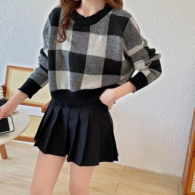 Áo dệt kim SUXI tay dài cổ tròn màu tương phản thời trang mùa thu dành cho nữ