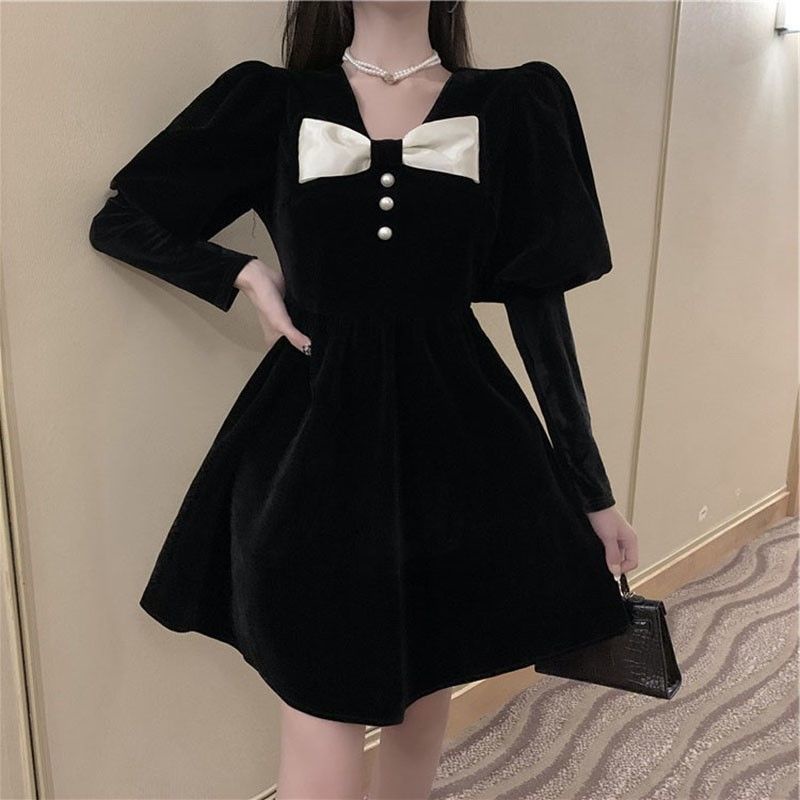 Đầm Nhung Tay Phồng Đính Nơ Thời Trang Thu Đông Cho Nữ