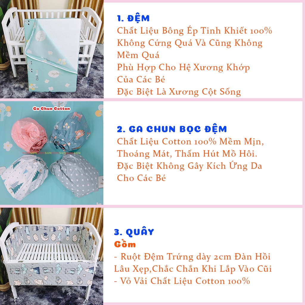 Bộ 3 sản Phẩm Phụ Kiện Ga Chun Bọc Đệm , Đệm Bông Ép, Bộ 4 Tấm Quây Kidssun Cho Giường Cũi Trẻ Em