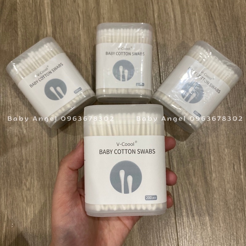 Tăm bông Loại 1 Vcoool hộp 200c cho bé,tăm bông đa năng 2 đầu tròn dẹt, lõi giấy xịn xò